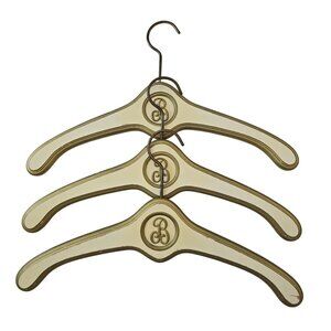 3 White Gold Wood Hotel Hangers B Monogram Vintage Regency Mid Century MCM Prop